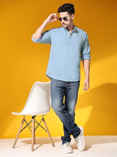 Image of SKAVIJ Men Solid Cotton Long Sleeve Casual Henley Kurta Shirt