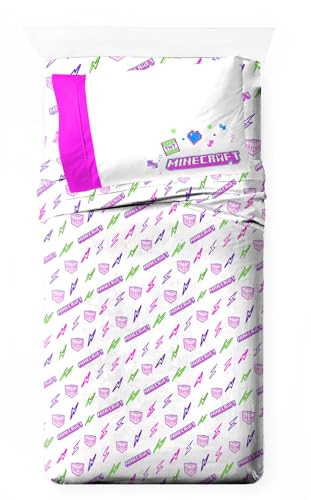 Jay Franco Kids Sheet Set with Fitted, Flat Sheets & Pillow Cover - Ultra-Soft Bedding with Pillowcase for Room Decor, Purple - Minecraft, 3 Piece Twin