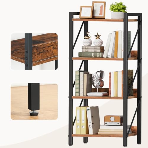 HOOBRO Scaffale a 4 Ripiani in Stile Industriale, Libreria Angolare, Scaffale a Scala, con Struttura in Metallo, per Soggiorno, Camera, Ufficio, Cucina o Ingresso, Marrone Vintage e Nero EBF40SJ01