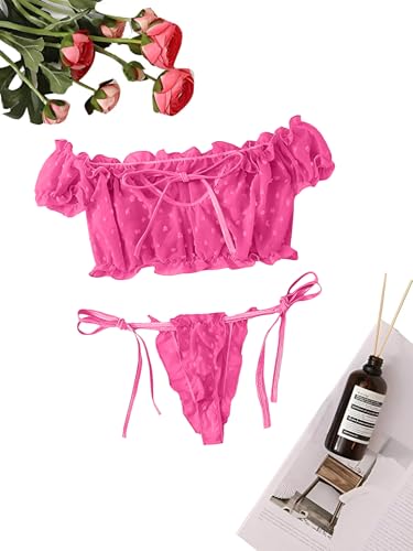 Image of Lilosy Sexy Stretch Ruffle Tie Sheer Mesh Lingerie Set Outfits