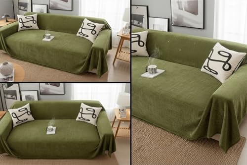 Image of The Furnishing Tree Reversible Double Sided Chenille Throw Sofa Cover, Anti-Slip Couch Cover, Comfy Sofa Towel for All Seasons, 3 Seater, Soft textured woven finish Olive Green