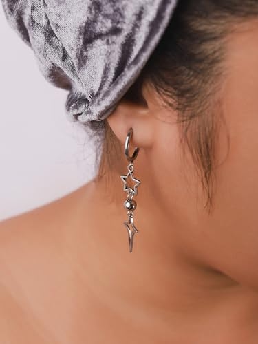 Sacina Silver-tone Spike Hoop Star Earrings, Grunge Emo Punk Y2k Gothic Earrings, Christmas Jewelry Gift for Women4