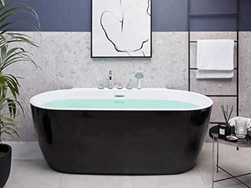 Acryl Badewanne oval freistehend schwarz mit Armatur Überlauf 170 x 80 cm Rotso