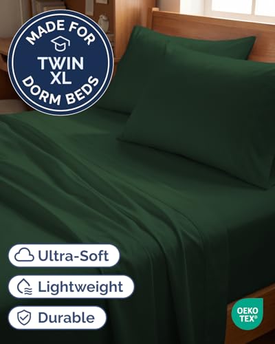 Image of Twin XL 4 Piece Sheet Set - College Dorm Room Essentials - Emerald | Ultra Soft Dorm Bedding Set, 8 inch to 16 inch Inch Deep Pockets, 1 Flat & 1 Fitted Sheet & 2 Pillowcases, Wrinkle & Fade Free