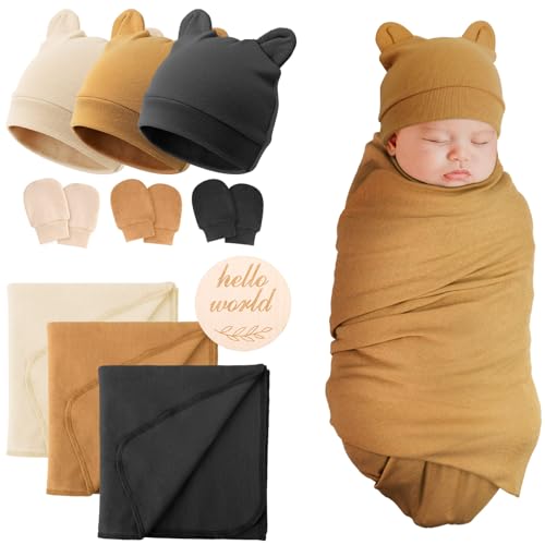 Image of BQUBO 3 Sets Cotton Baby Swaddle Blankets Swaddling Wrap with Hats Mittens Newborn Soft Silky Nursery Receiving Blanket Cute Bear Ears Hat Elastic Gloves Set for Unisex Baby 0-3 Months