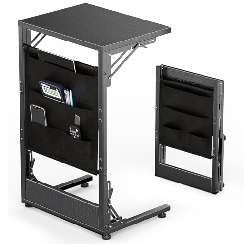 Image of Folding TV Tray Table, 28.8 inch Tall C-Shaped Side Table for Couch and Bed, Slide Under Sofa Side Desk with Storage Bag - Sturdy Metal Frame Tray for Living Room, Bedroom, Home & Office (Black)