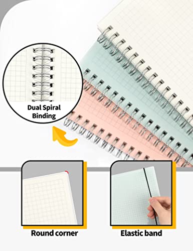 Sunee Graph Paper Notebook - A5 Spiral Bullet Journals With 120Gsm Thick Graphing Paper, 3 Pack Grid Spiral Notebook - Giftable Journal For Women For School, Office, Artist Writing/Drawing, 80 Sheets, 5.7" X 8.3", Blue, Pink, Transparent #TOP4