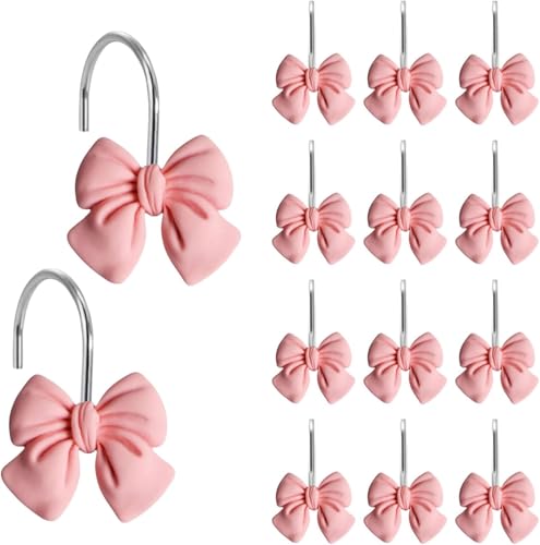 Bow Shower Curtain Hooks 12 Pack - MVRPOWER Decorative Bathroom Hooks with Metal Rings, Rust-Resistant Coating, Adorable Pink Bow Design for Girls/Kids Bathroom & Coquette Room Decor