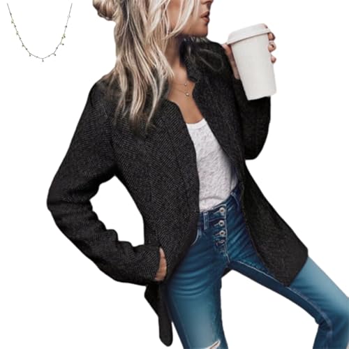 Datebacko Women's Solid Color Pocket Long Sleeve Open Front Coat, 45° Twill Weave Stand Collar With Notch Design