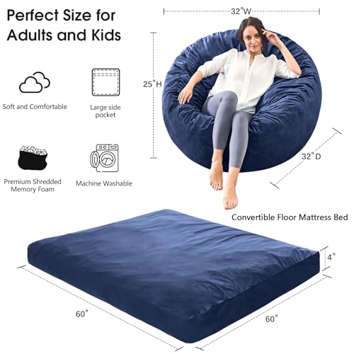 Bean Bag Chairs for Teens - Bean Bag Chair Convertible Bean Bag Bed - Small Beanbag Chair with Micro Fiber Cover/Furniture Foam Filler - Floor Couch Sofa in Bedroom Dorm Room - Youth Navy Blue