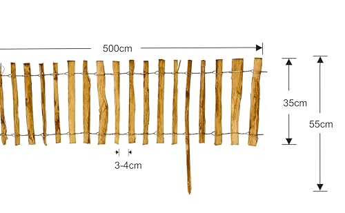 Staketenzaun mit Pfosten aus Haselnuss Höhe 35 cm Länge 500 cm imprägnierter Zaun mit gut gespaltenen Stäben und sicheren Spitzen zur Einzäunung und Abgrenzung von Beeten Lattenabstand: 3-4 cm
