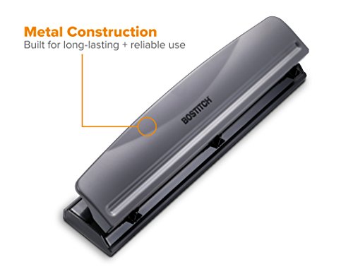 Image of Bostitch Office Premium 3 Hole Punch, 12 Sheet Capacity, Metal, Rubber Base, Easy-Clean Tray, Silver, Gray (Pack of 6)