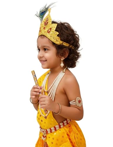 Image of BookMyCostume Polyester Krishna Yellow Polka Dot Costume Dhoti Patka with Heavy Pearl Jewellery and Mukut Set - Janmashtami Dress Costume for Baby Kanha - Boys & Girls 1-2 Years