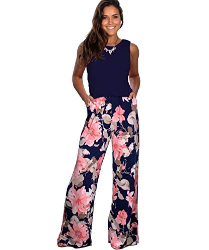 Longwu Mujeres Casual Sin Mangas Mono Flor Impresa Pantalones Anchos de piernas...