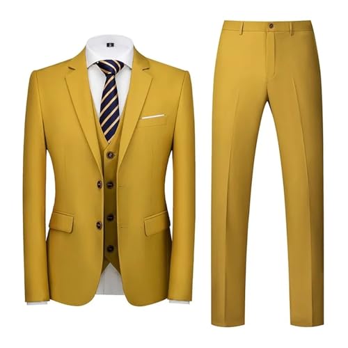Men Fashionable Business Casual Two Button Jacket Vest Pants 3-Piece Suit Multiple Grass Yellow2