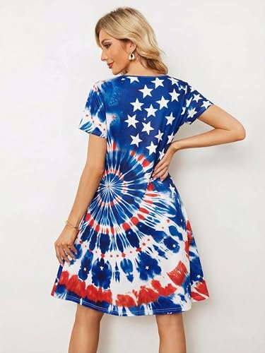Image of LUKYCILD American Flag Dress Women 4th of July Patriotic Shirt USA Stars Stripes Dresses Sexy V- Neck Summer Sundress