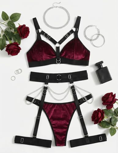 Image of Alrovetoney Sexy Lingerie Set For Women With Garter Belt 5 Pieces Strappy Bra and Panty Set Adjustable With Chain