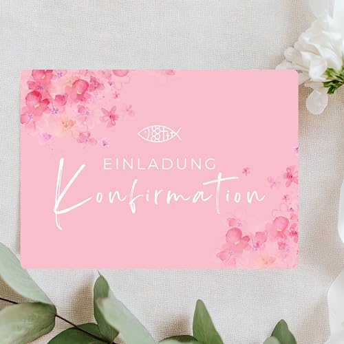 Lilly Braun Einladungskarten Konfirmation Rosa mit Umschlag 10er Set | Moderne Konfirmationskarten für Mädchen & Jungen | Hochwertige 280g Karten