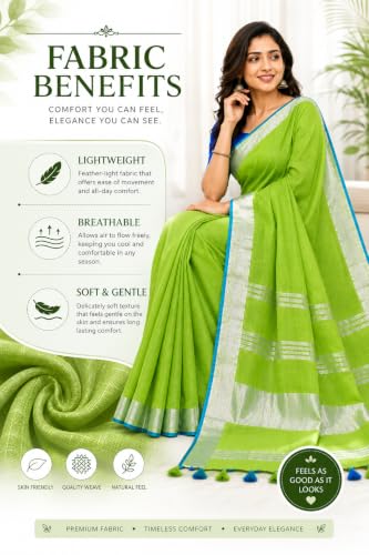 Image of HAIDER ALI AND SONS Grey Cotton Linen Saree for Women | Soft Linen Slub Blend Saree with Running Blouse Piece | Lightweight Handloom Style Saree | Office, Casual, Party & Festival Wear 
