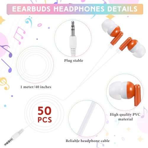 Image of 50 Pack Earbuds Wired Bulk for Classroom 3.5mm Jack, Multicolor