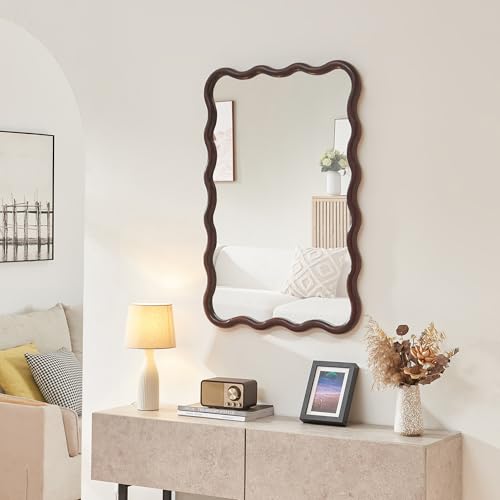 [en.casa] Specchio da Parete con Cornice Ondulata Montaggio Verticale e Orizzontale Specchio Decorativo per Ingresso Soggiorno Camera da Letto 90x60 cm Marrone Scuro
