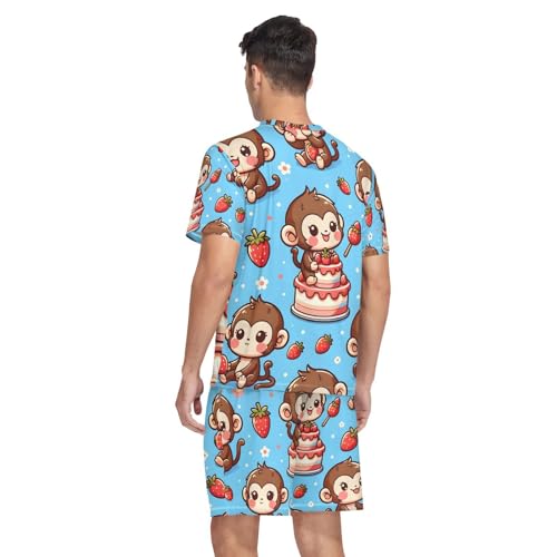 Men's Pajama Set Cute Monkey Strawberries Cake Short Sleeve with Shorts Pockets Sleepwear Set Summer Loungewear2