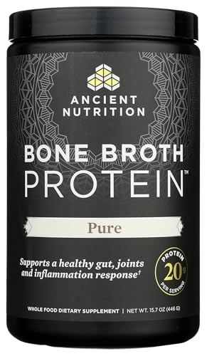 Image of Ancient Nutrition Grass Fed & Cage Free Bone Broth Protein Powder, 20g Protein Per Serving, Hydrolyzed Collagen Peptides, Glucosamine, Chondroitin, Supports Joint & Gut Health, Pure, 20 Servings
