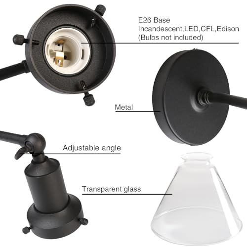 Image of PERMO Industrial Vintage Slope Pole Wall Mount Single Sconce with Funnel Flared Clear Glass Shade Wall Sconce Light Lamp Fixture (Matte Black)