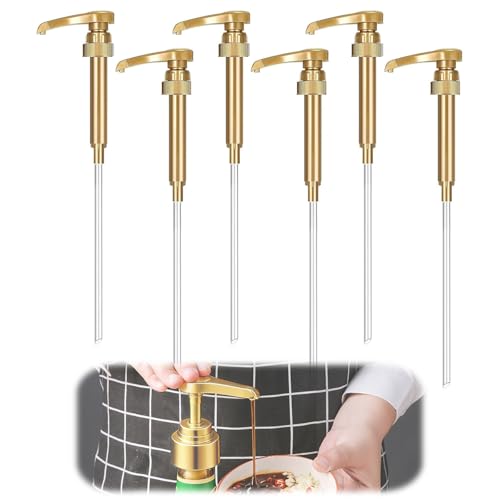 CHUANFU 6 Stück Dosierpumpe Sirup Spender Sirup Pumpspender Wiederverwendbar mit Langen Schläuchen, Syrup Pump Kompatibel für 500ml/1000ml Flaschen, Dosierpumpe für Heimküchen und Cafés (Gold)