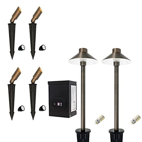 Gkoled 4 Pack Mini Brass Landscape Spotlights (Mr8 Bulbs Included) With 2 Pack Brass Landscape Path Lights (G4 Bulbs Included) With 1 Pack 120W Low Voltage Transformer #TOP6