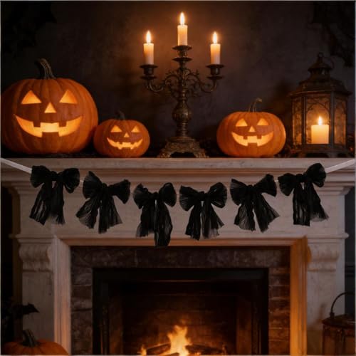 Image of MLMC Black Bow Garland Banner Handmade Cheesecloth Bow Wreath Party Hanging Decorations for Wedding Birthday Bridal Shower Gothic Party Decor