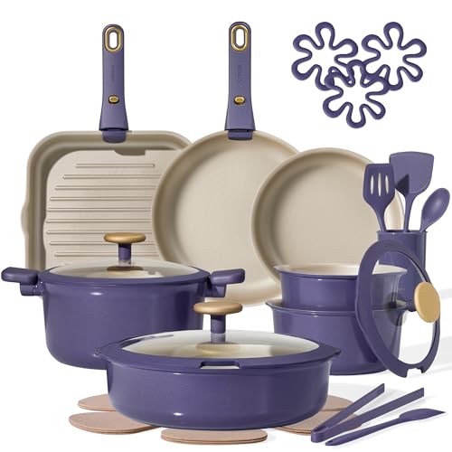 CAROTE 26 Pcs Pots and Pans Set, Nonstick Cookware Sets with Detachable Handle, Purple Dishwasher Safe, Oven Safe, Cookware Non Stick Cooking Set w/Frying Pans & Saucepans(PFOS, PFOA Free)
