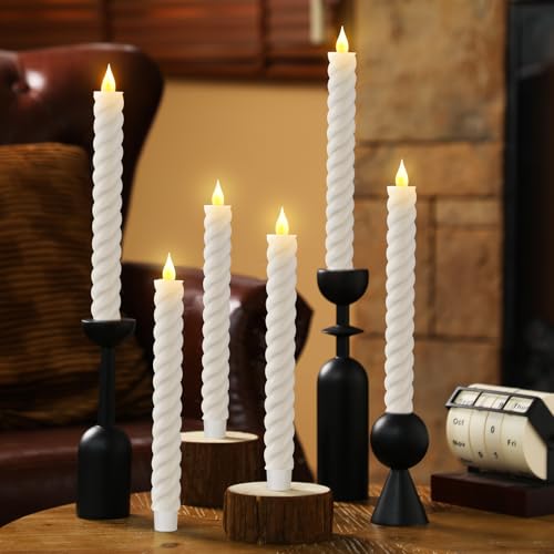 Image of Baquler 6 Pcs White Flameless Taper Candle Twisted LED 9.65 Inch Spiral Taper Candles Battery Operated Twisted Candlesticks for Spring Wedding Birthday Home Party Holiday Dinner Fireplace
