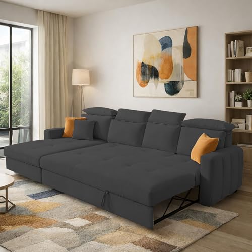 Image of Casaliving Gagnon LHS 6 Seater L Shape Corner Sofa Cum Bed for Living Room (Black Fabric) Premium Fabric Sofa