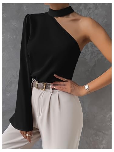 Verdusa Women's Solid Asymmetrical Neck Halter Long Sleeve Tops One Shoulder Bell Sleeve Blouse4