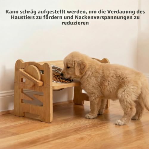 RLAVBL Hundenapf erhöht, verstellbare Haustier-Futterschale aus Bambus mit Langsamfresser und 2 Edelstahlnäpfen, Anti-Rutsch-Pads, für kleine und mittelgroße Hunde und Katzen