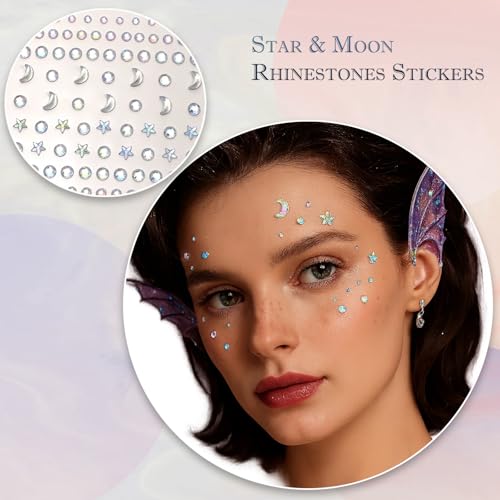 3 Sheets Self Adhesive Face Gems – Round, Star and Moon White Rhinestone Stickers with Tweezer, Multi-Size Glitter Crystals for Festival Makeup, Eye, Hair, Nail and DIY Crafts