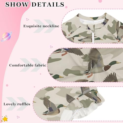 Wild Duck in Camouflage Background Girls Long Sleeve Swimsuit Rash Guard One Piece Bathing Suits Zipper 3-12T4