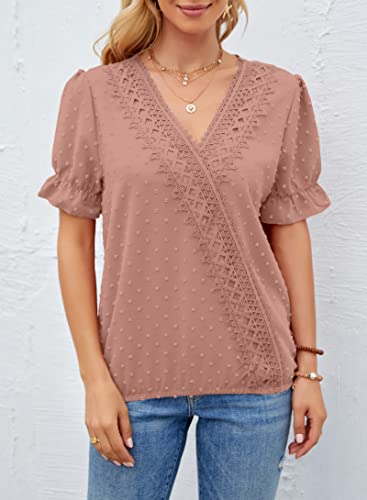 Lolong Women V Neck Tops Dressy Casual Puff Short Sleeve Blouse Lace Chiffon Pom Poms Shirts Pink #TOP2