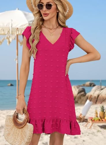Image of QACOHU Spring Summer Dresses for Women 2026 V Neck Cap Sleeve Ruffle Hem Smock Short Casual Beach Dress