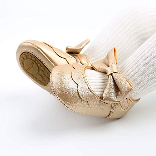 SOFMUO Baby Girls Mary Jane Flats Non-Slip Soft Rubber Sole Bowknot Infant Sneakers Toddler Princess Dress Walking Shoes(A01/Gold,0-6 Months)