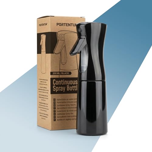 PORTENTUM Bote spray pulverizador agua 200 ml – Atomizador recargable de niebla fina con pulverización continua – Diseño ergonómico – Para cabello, plancha, plantas y limpieza