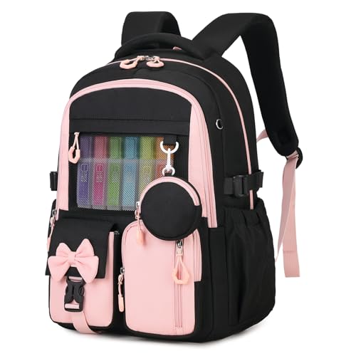 Backpack for School, Kids Backpacks for Girls, Girls Cute Bookbag for Teens, Schoolbag for Elementary Middle School Students, Girl Backpacks Ages 6-8, With Coin Purse, Travel, Camp, Black Pink
