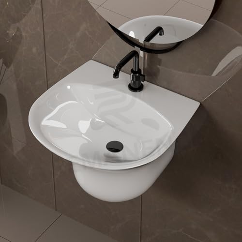 Image of REMANENCE Luxury Wall Mount Half Pedestal Wash Basin for Bathroom | Designer Wall Hung Basin | Wall Mounted Washbasin for Resturent, Hotels (16 x 16 x 11 Inch) (Glossy White)