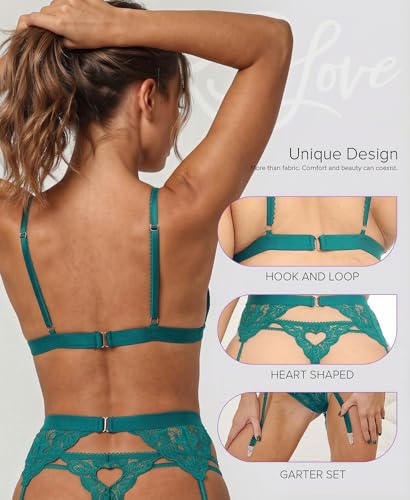Image of RSLOVE Women Lingerie Set with Garter Belt | Heart Cutout Lace Design, Adjustable Fit, Soft Stretch Fabric, 3 Piece Romantic Lingerie Set