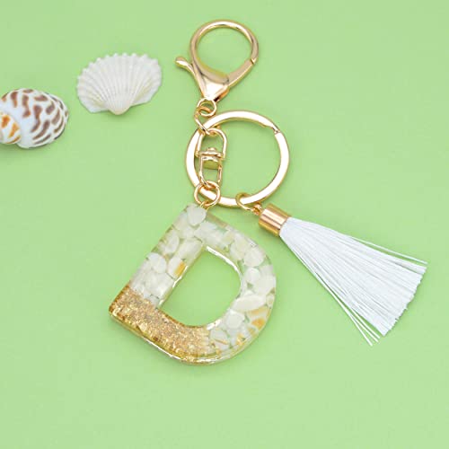 Cute Beige Initial Keychains with White Tassels for Women & Girls