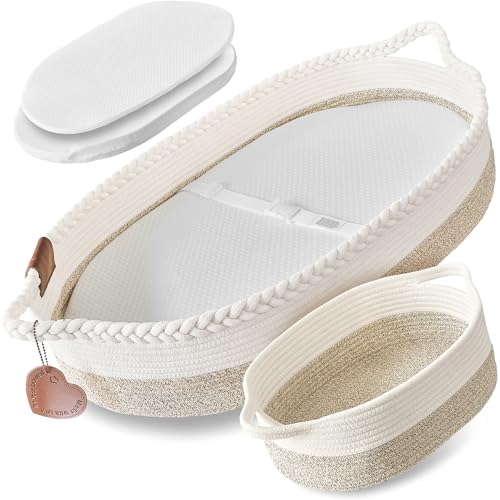 Image of Baby Changing Basket Set w/Matching Diaper Caddy, Comfy Pad & Extra Waterproof Bamboo Jacquard Cover, Reinforced Cotton Rope Moses Baskets for Newborn