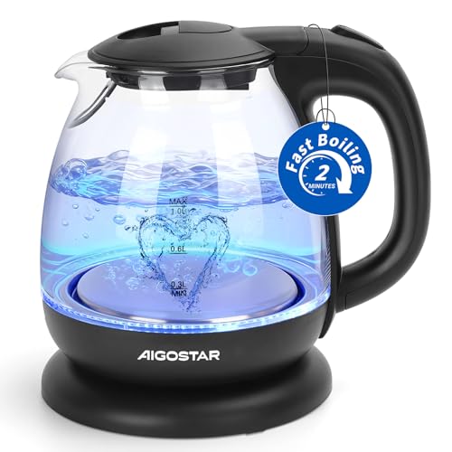 Aigostar Elfin - Hervidor agua electrico 1 litro, 2200W hervidor de agua pequeño, iluminación LED,...