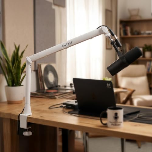 Image of Kadence NB55-WH Touring Series Professional Mic Boom Arm Stand | Heavy-Duty Steel Build & 1.5kg Load Capacity | 360 Adjustable Desk Mount | For Podcasting, Streaming & Studio Recording | White