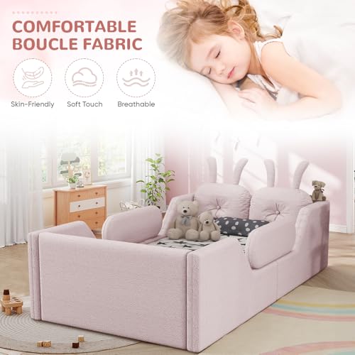 Image of Twin Size Kids Bed with Rabbit Cushions, Upholstered Boucle Fabric Platform Floor Twin Daybed with Removable Side Rail, Space-Saving Wooden Corner Sofa Couch Bed Frame for Girls, Boys, Teenager(Pink)